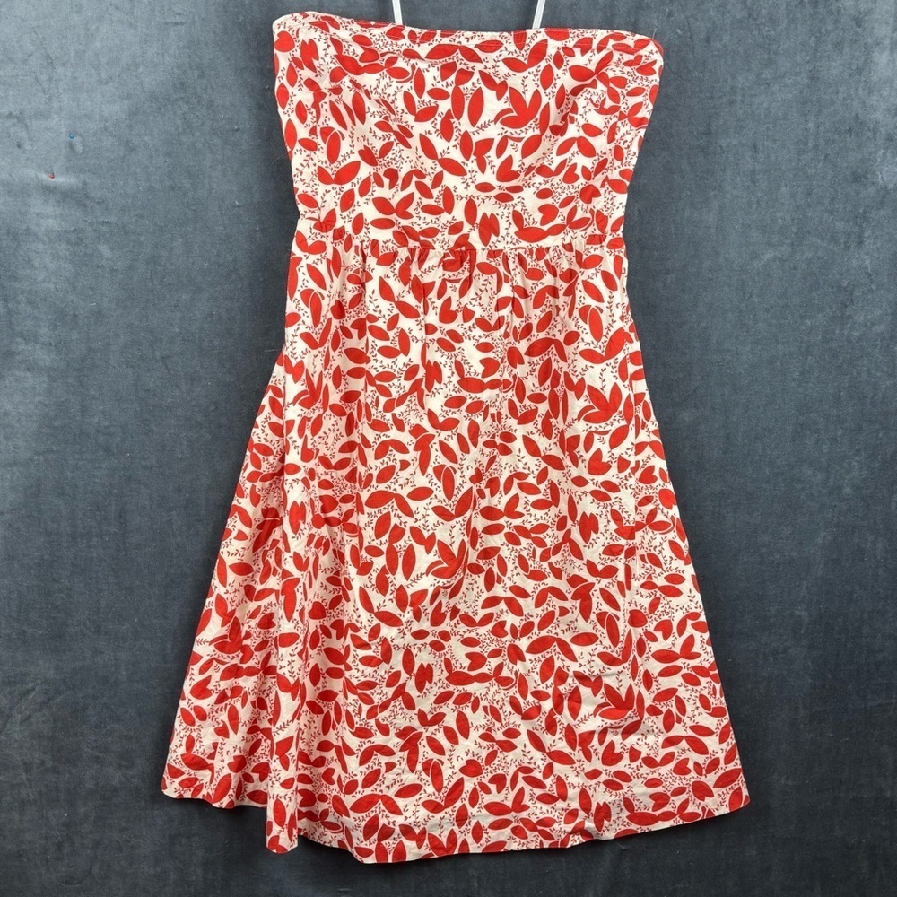 J. Crew Strapless Red and White Leaves Dress Sz 2